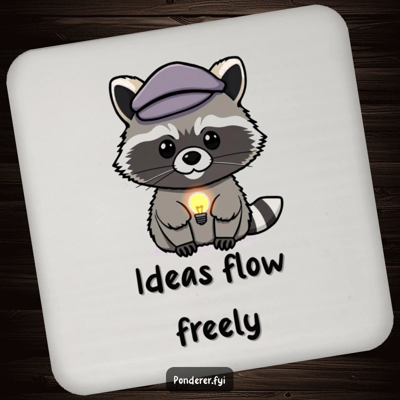 Funny raccoon genius coaster: a clever raccoon with a lightbulb icon protects your surfaces.