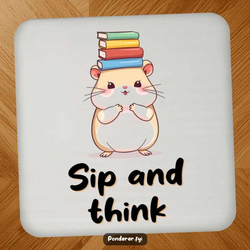 Funny hamster coaster featuring a smart-looking rodent balancing books, protecting tables with academic cuteness and humor.