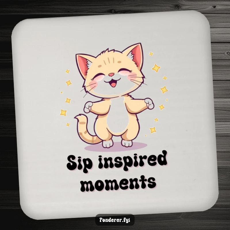 Funny kitten drink coaster featuring a giggling cat spinning with sparkling ideas, protecting furniture with charm.