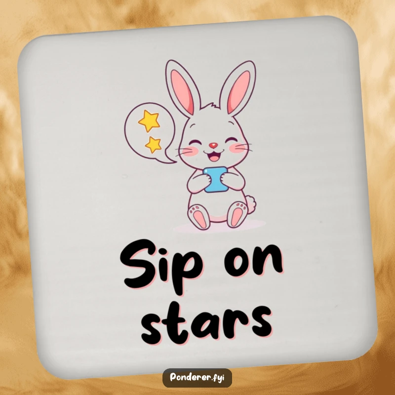 Funny drink coaster with a cheerful rabbit character holding a speech bubble full of stars, adding whimsical protection to surfaces.