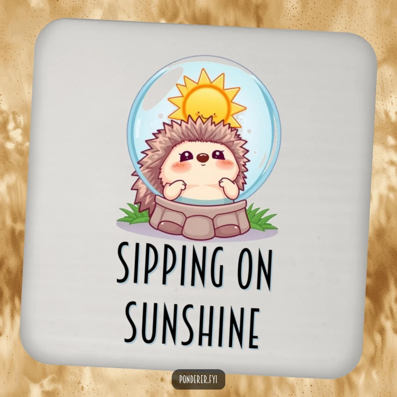 Funny hedgehog fortune drink coaster, a hedgehog looking into a crystal ball at a smiling sun, for humorous surface protection.
