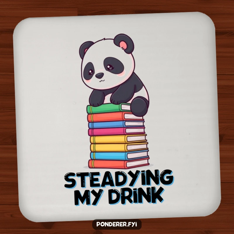 Funny panda scholar coaster: a determined panda balances on books, protecting your surfaces.