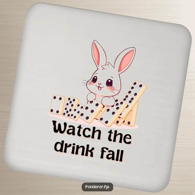 Funny rabbit domino coasters, smiling rabbit observing falling dominoes, humorous drink protection, ideal home gift.