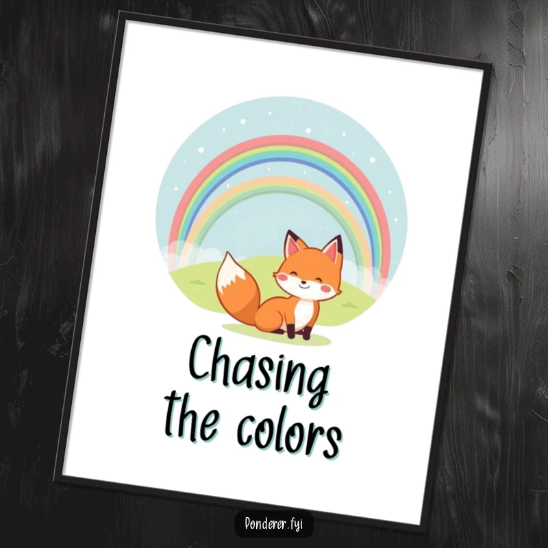 Funny poster depicting a cheerful fox looking at a rainbow over a small hill. Happy and uplifting wall art.