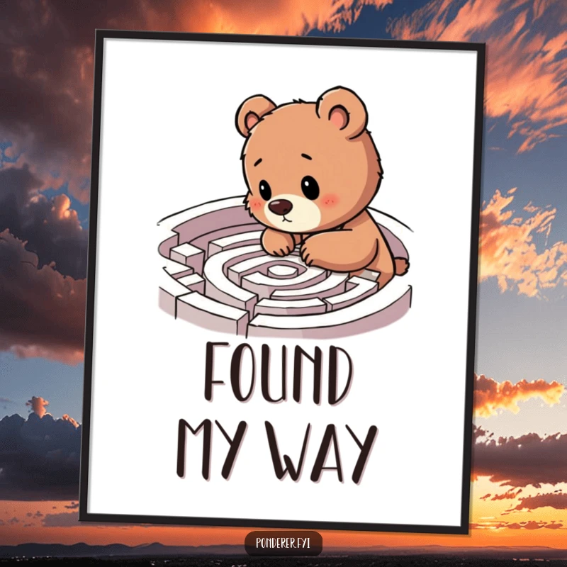 Funny bear cub labyrinth poster, cub examining a maze with excitement, humorous wall art, perfect printable gift.