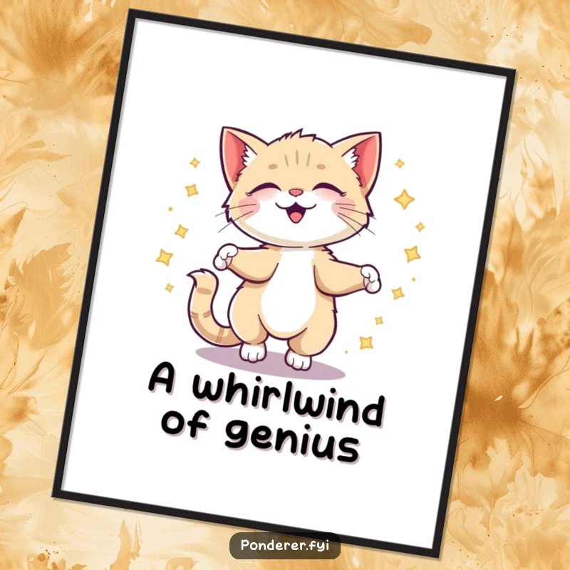 Funny kitten poster showing a giggling cat spinning in circles with a trail of sparkling ideas, adding artistic whimsy.