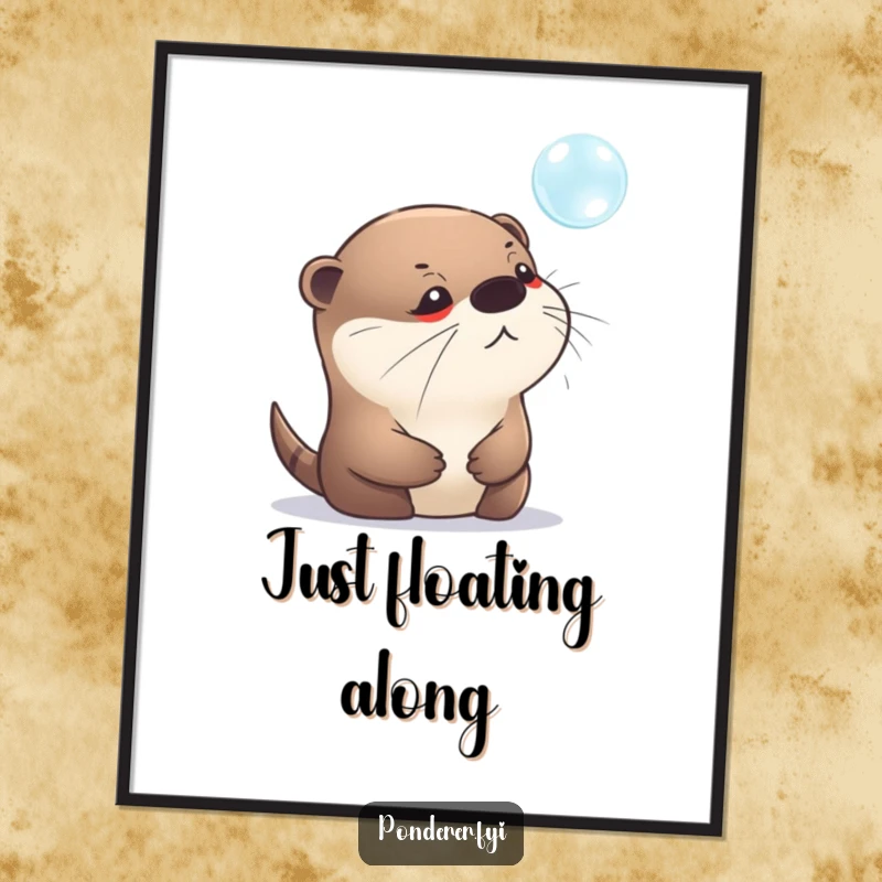 Funny poster print of a pensive otter staring intently at a shimmering bubble. Whimsical and contemplative animal art.
