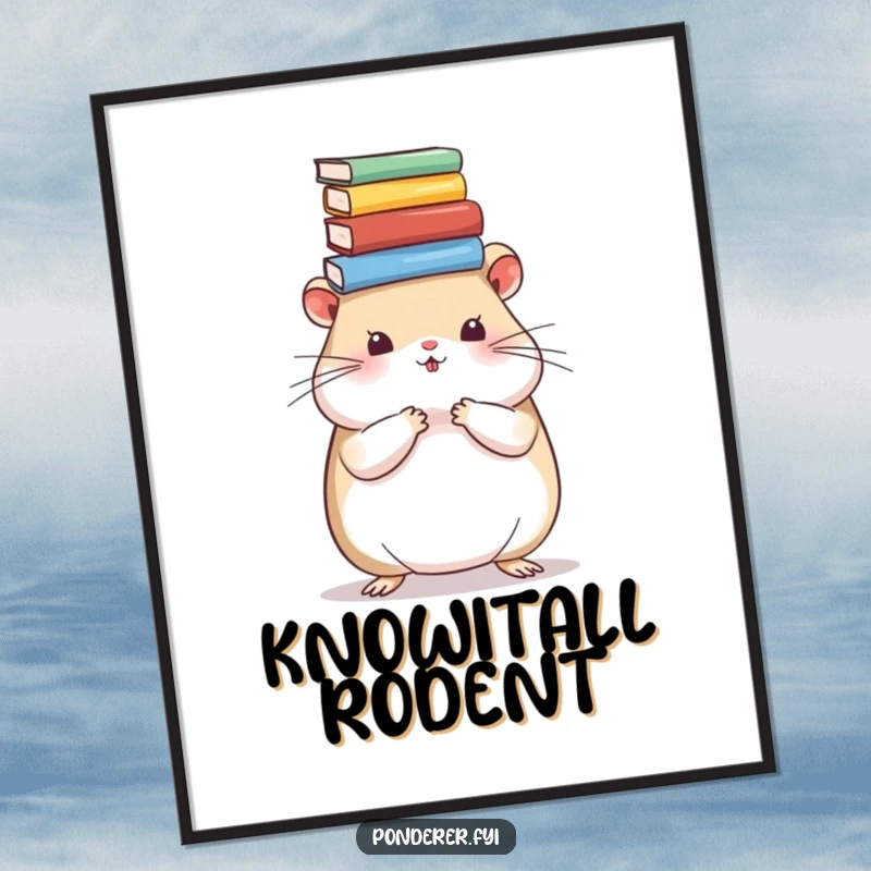 Funny hamster poster displaying a clever rodent with a stack of books on its head, exuding an aura of academic wisdom.