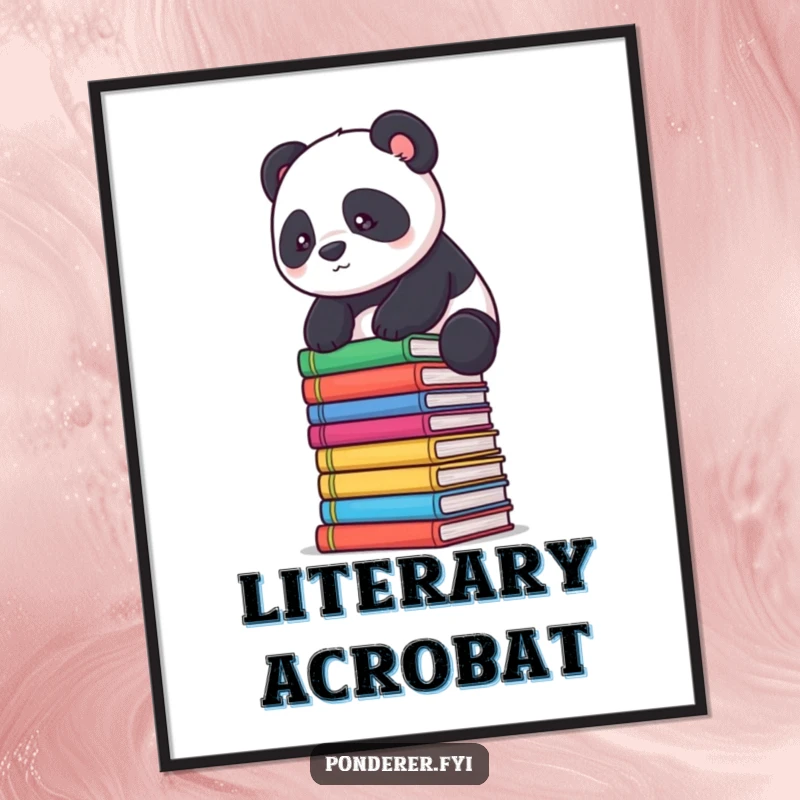 Funny panda scholar poster: a determined panda balances precariously on a stack of colorful books, wall art.