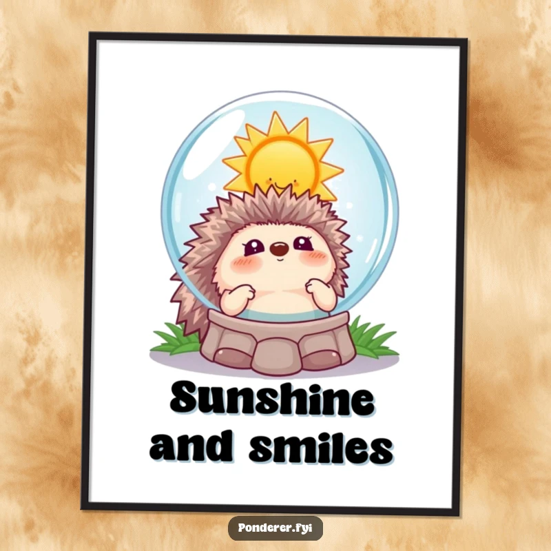 Funny hedgehog fortune poster, a playful hedgehog gazing into a crystal ball showing a smiling sun, for humorous optimism.
