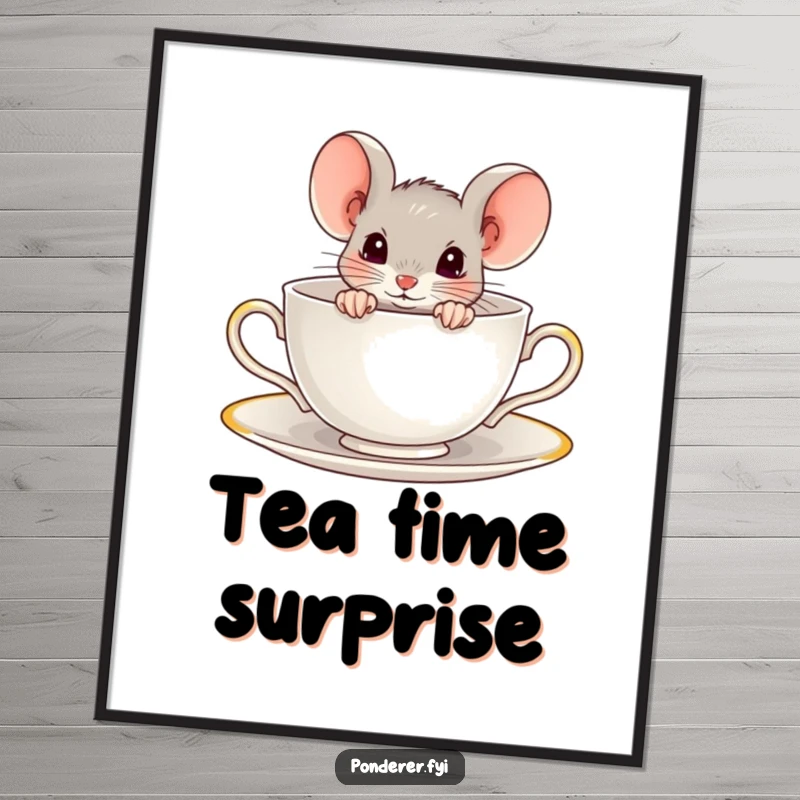 Funny poster featuring a curious mouse peeking out from a teacup. Playful and humorous wall art.