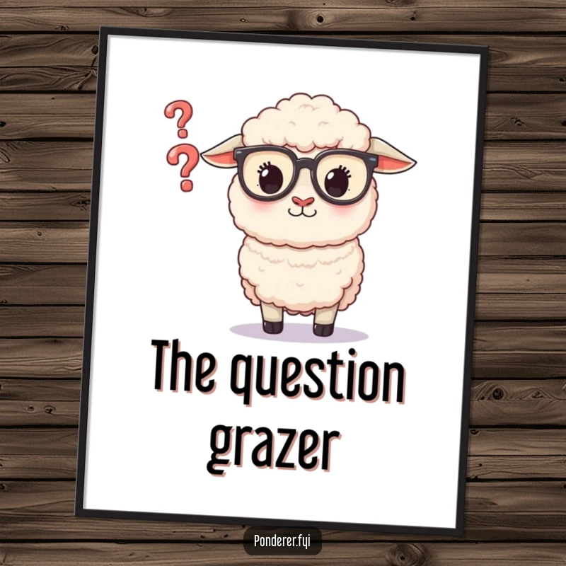 Funny Sheep Glasses Poster: Artwork of a fluffy sheep in glasses, peering inquisitively at a small, floating question mark.