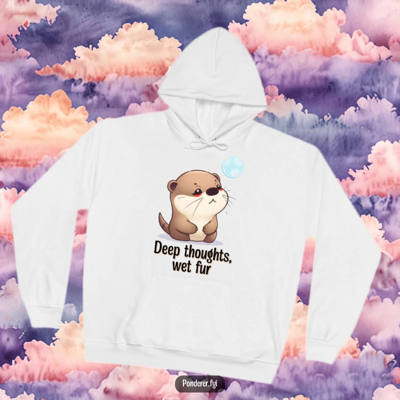 Funny hoodie depicting a pensive otter staring intently at a shimmering bubble. Cozy and contemplative animal apparel.