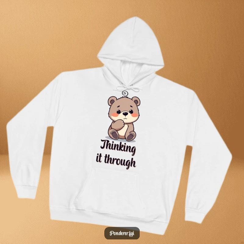 Funny Bear Cub Hoodie: Soft and warm, depicting a curious bear cub tapping its chin with a thoughtful spiral.