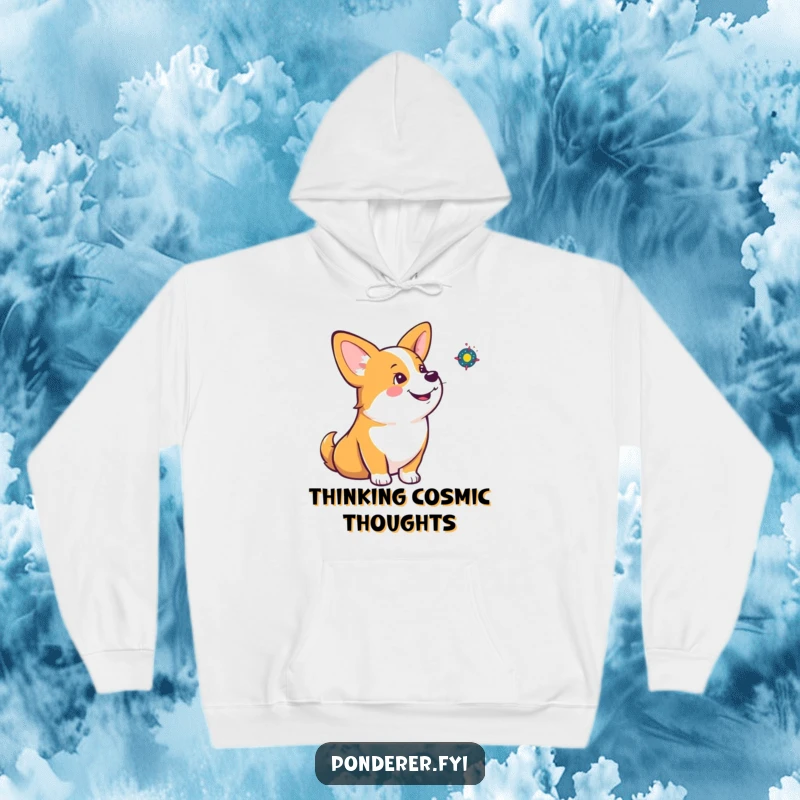 Funny corgi hoodie featuring a head-tilted corgi contemplating a tiny spinning galaxy, a warm and humorous apparel.