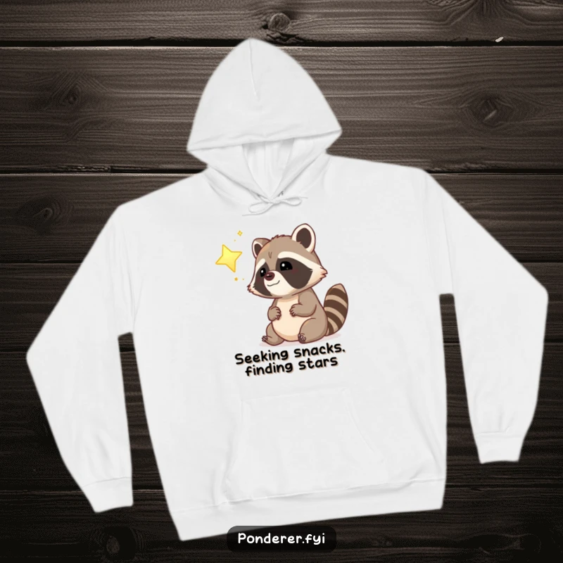 Funny dreamy raccoon police officer hoodie, gazing at a glowing star, cozy and whimsical design.