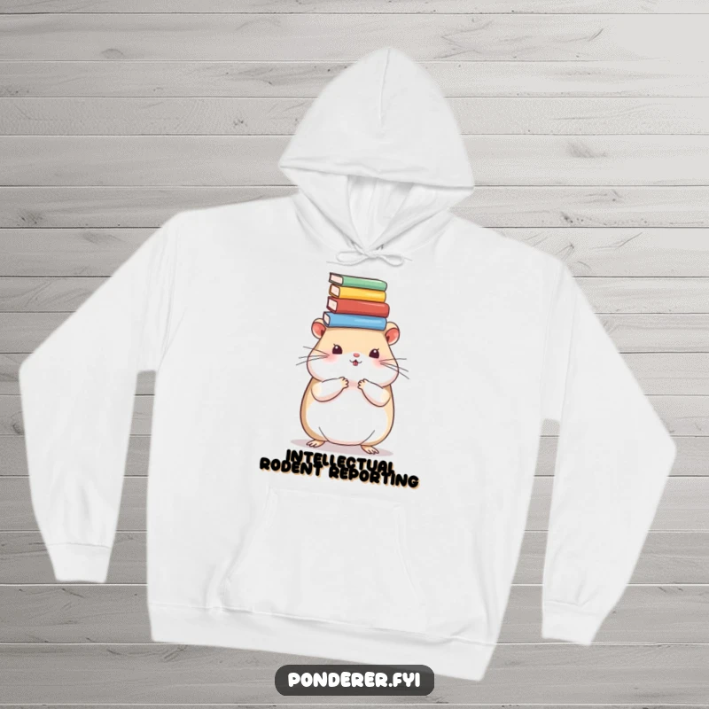 Funny hamster hoodie showing a clever rodent with a stack of books on its head, radiating studious vibes. A cozy, humorous piece.