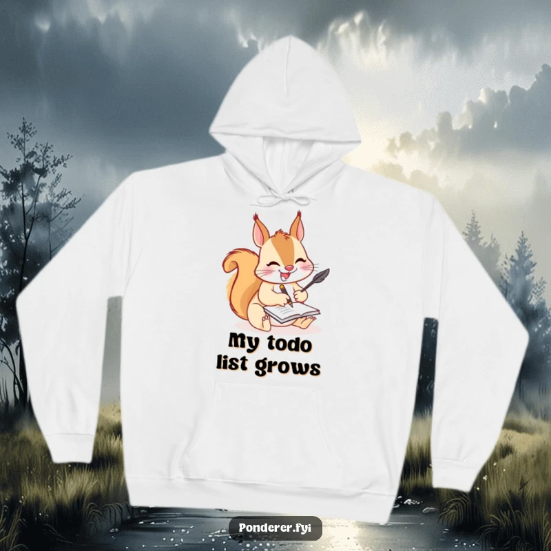 Funny squirrel writer hoodie, featuring a joyful squirrel intently scribbling with a quill on a tiny notepad, for cozy creativity.
