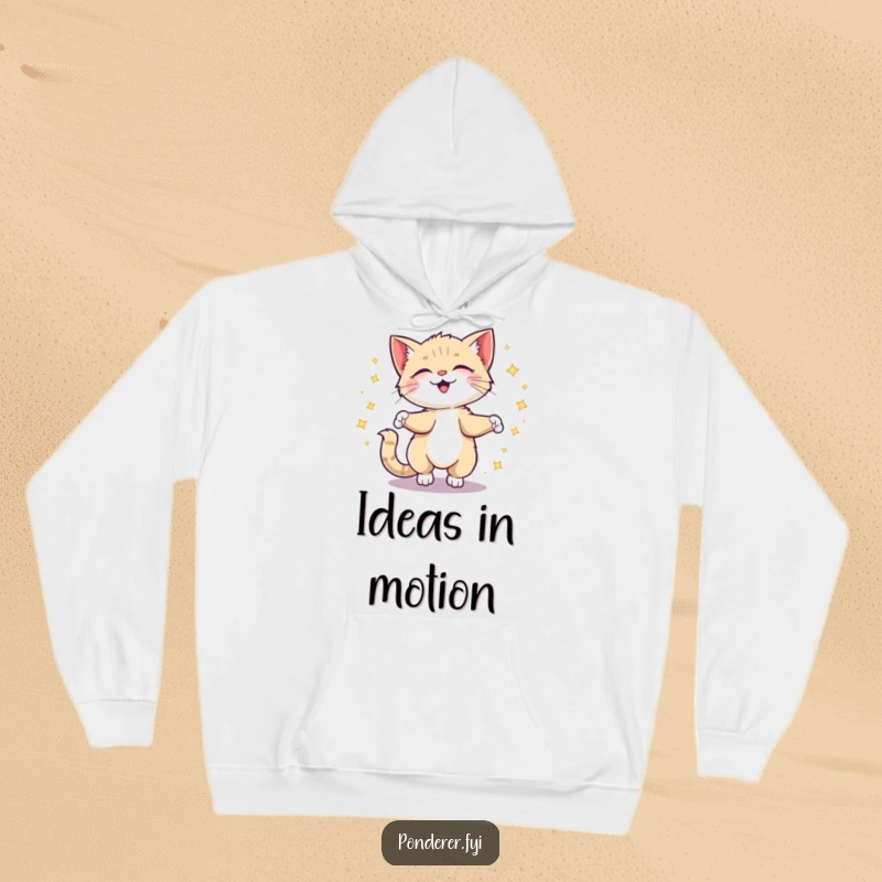Funny kitten hoodie with a giggling cat spinning and leaving a trail of sparkling ideas, super cozy and humorous.