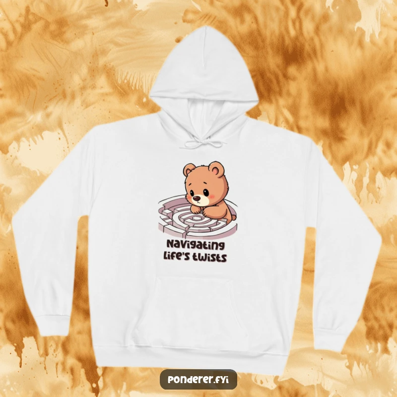 Funny bear cub labyrinth hoodie, cub examining a maze with excitement, cozy and humorous apparel, ideal funny gift.
