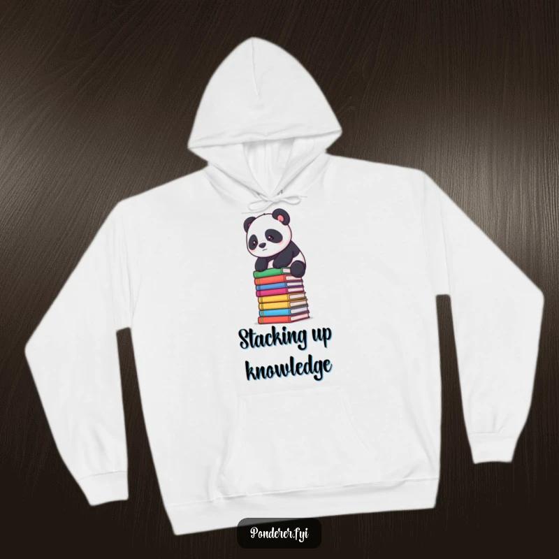 Funny panda scholar hoodie: a determined panda balances on books, warm and inspiring.