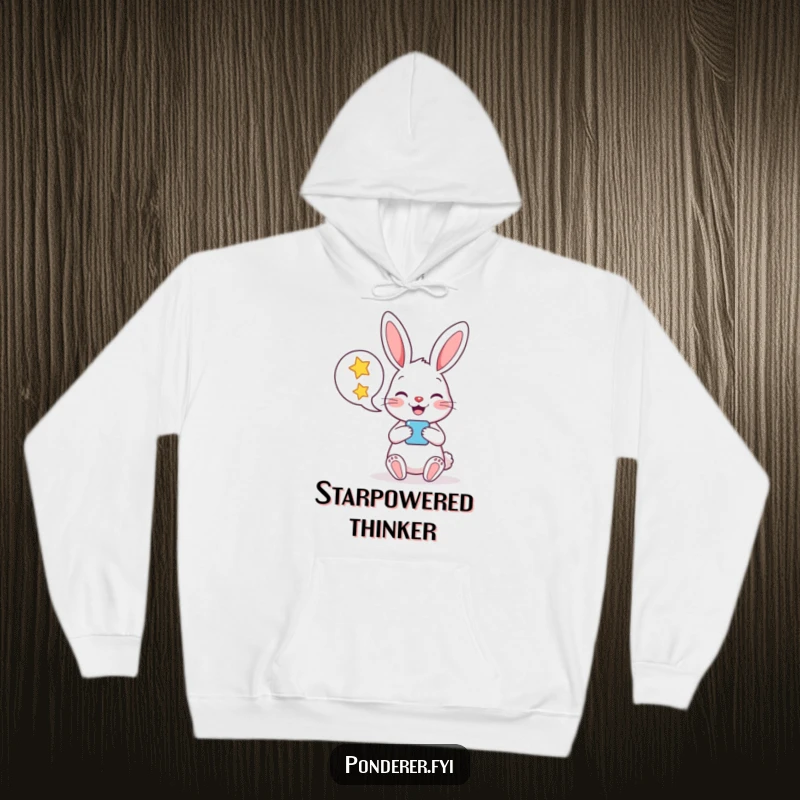 Funny hoodie displaying a cheerful rabbit character holding a speech bubble packed with bright, twinkling stars for ultimate comfort.