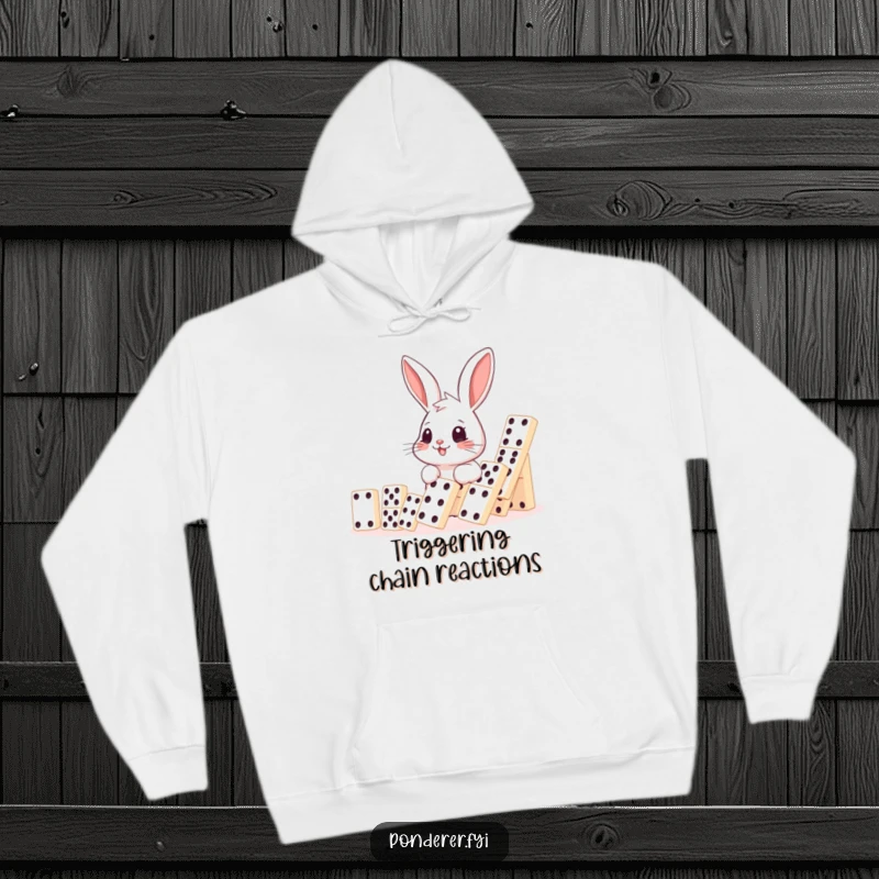 Funny rabbit domino hoodie, smiling rabbit observing falling dominoes, cozy and humorous apparel, ideal funny gift.
