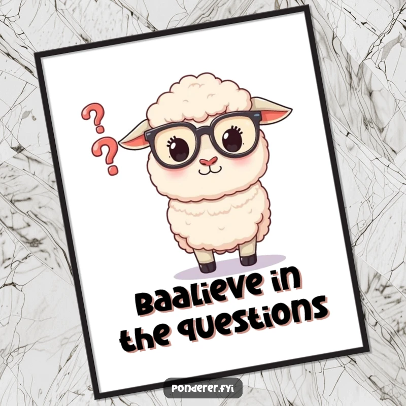 Funny Free Printable Wall Art: Fluffy sheep in glasses intently peers at a tiny floating question mark, looking very thoughtful.