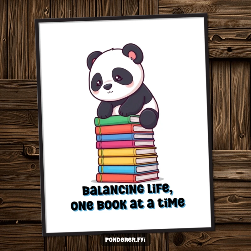 Funny Free Printable Wall Art: A determined panda shows impressive balance on a stack of colorful books in this whimsical illustration.