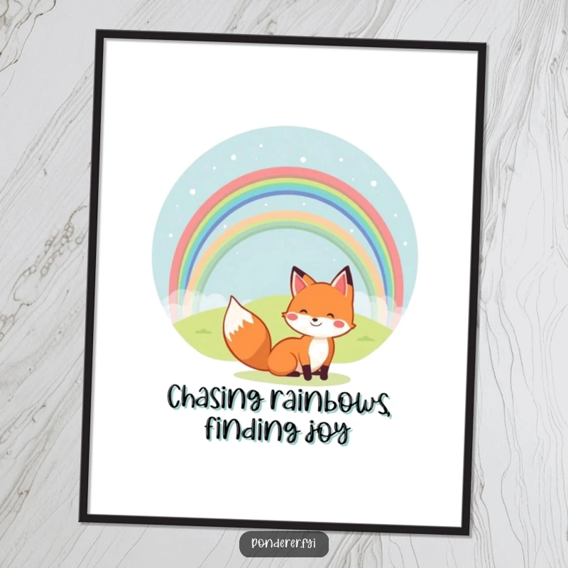 Funny Free Printable Wall Art: Cheerful fox under a vibrant rainbow arching over a small hill, happy downloadable decor.
