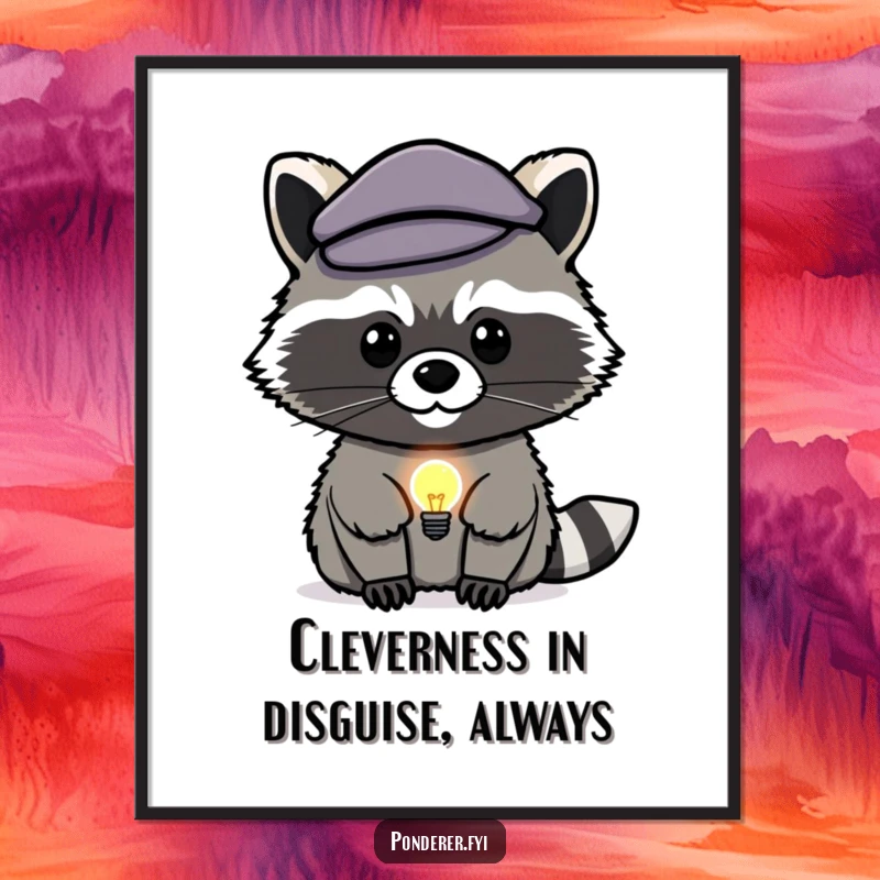 Funny Free Printable Wall Art: A stealthy raccoon wearing a beret strokes its chin, with a lightbulb icon suggesting genius inspiration.