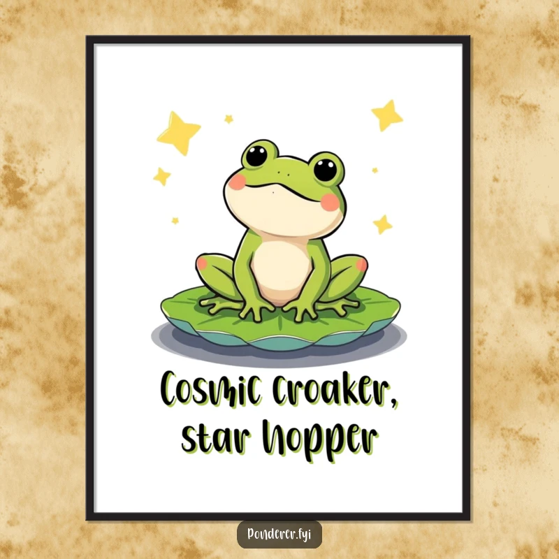 Funny Free Printable Wall Art: Content frog on a lily pad gazing at a starry night sky, whimsical downloadable decor.