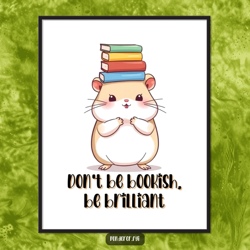 Funny Free Printable Wall Art depicting a wise hamster engrossed in books, adding intellectual humor to home decor.