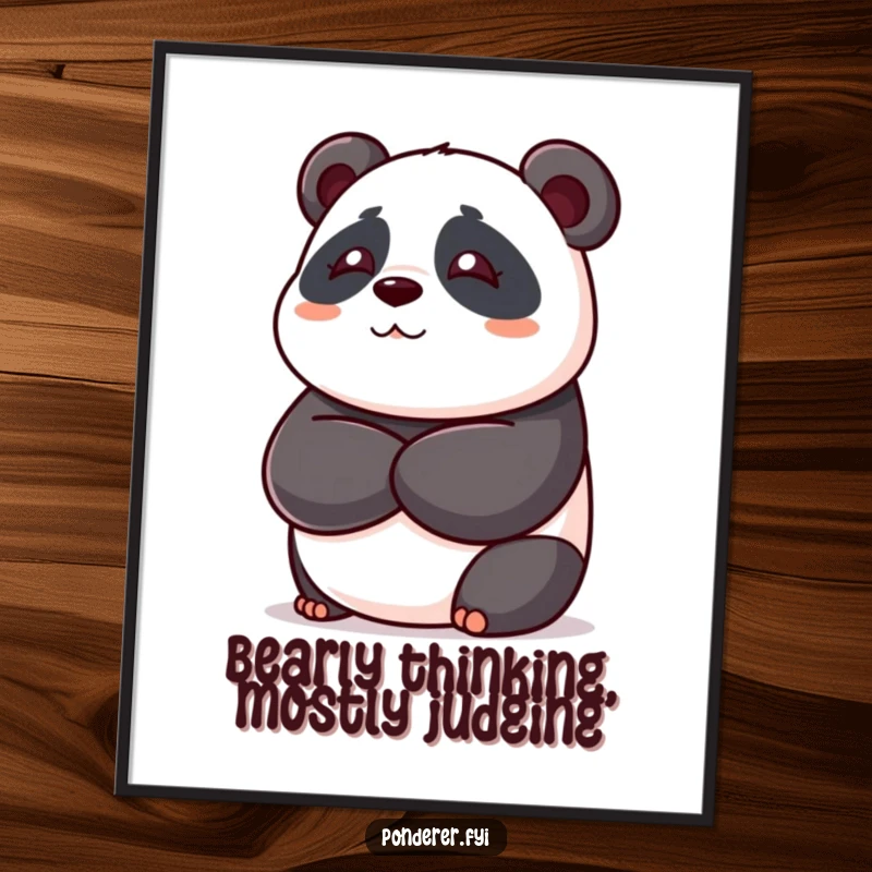 Funny free printable wall art of a playful panda bear with crossed arms, deep in thought, adding a humorous touch to decor.