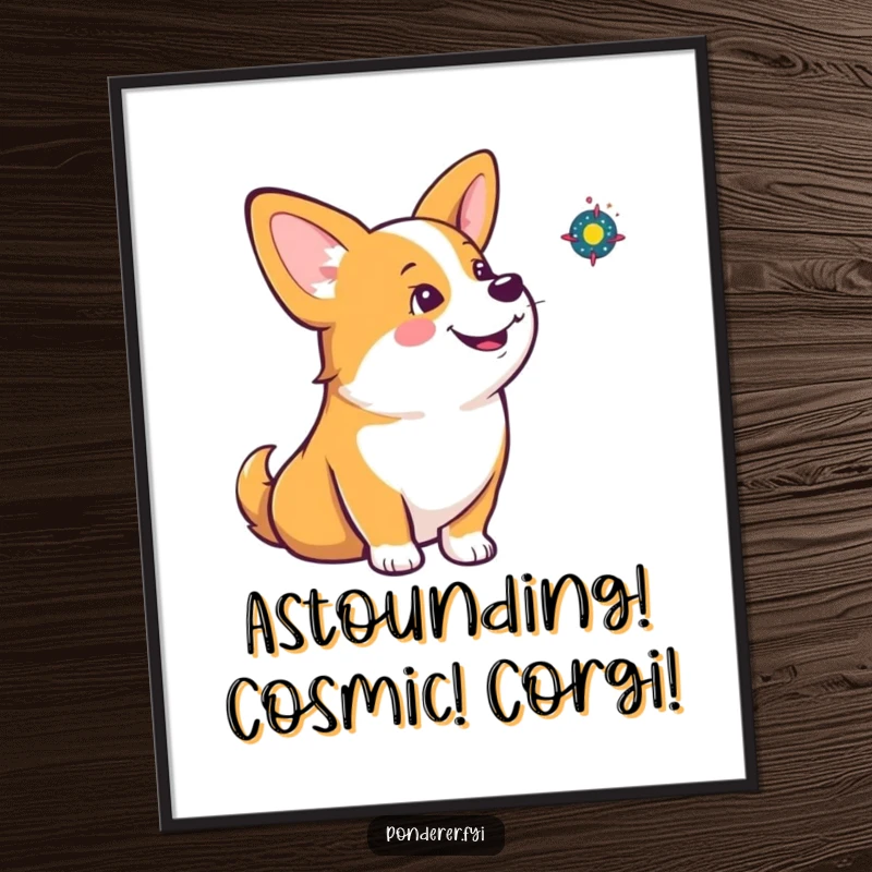 Funny Free Printable Wall Art: Corgi tilting head, one ear up, watching a small spinning galaxy, humorous cosmic art.