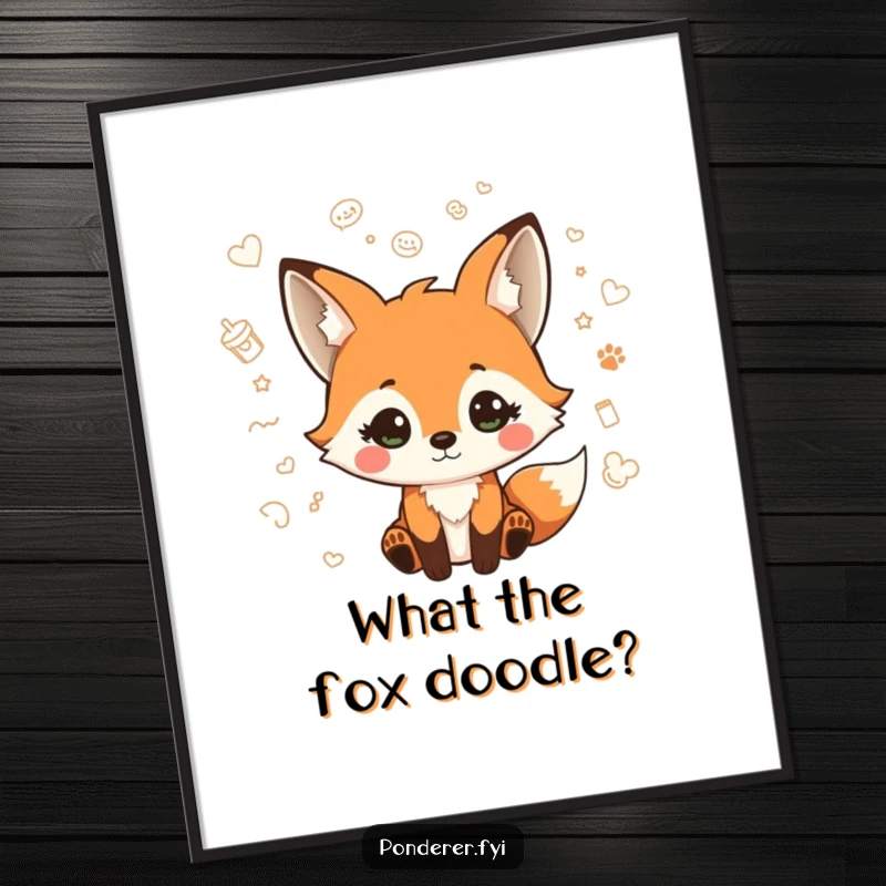 Funny Free Printable Wall Art: A playful fox with a quizzical expression is surrounded by a vibrant, floating collection of whimsical doodles.