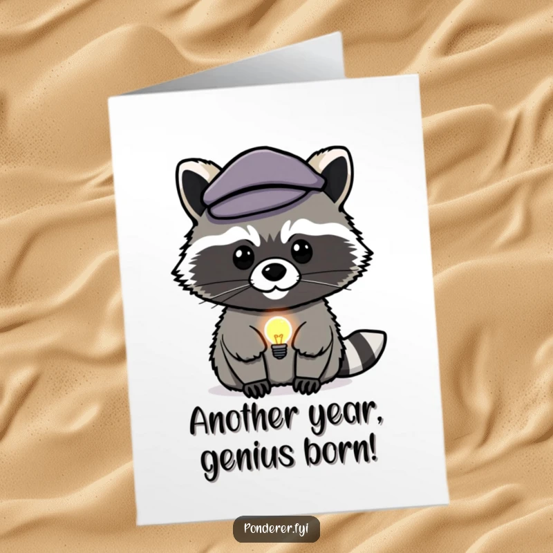 Funny Free Printable Birthday Card: A stealthy raccoon in a beret ponders with a lightbulb appearing, symbolizing a brilliant birthday wish.