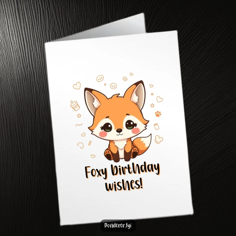 Funny Free Printable Birthday Card: Playful fox with a quizzical expression surrounded by colorful, floating doodles, wishing happy birthday.
