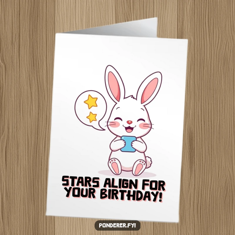 Funny Free Printable Birthday Card: Cheerful rabbit holding a speech bubble filled with sparkling stars, ready to share birthday wishes.