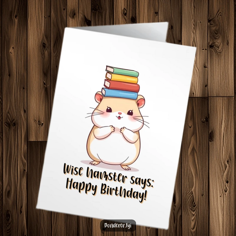 Funny Free Printable Birthday Card with a thoughtful hamster balancing books on its head, ready to celebrate with a literary twist.