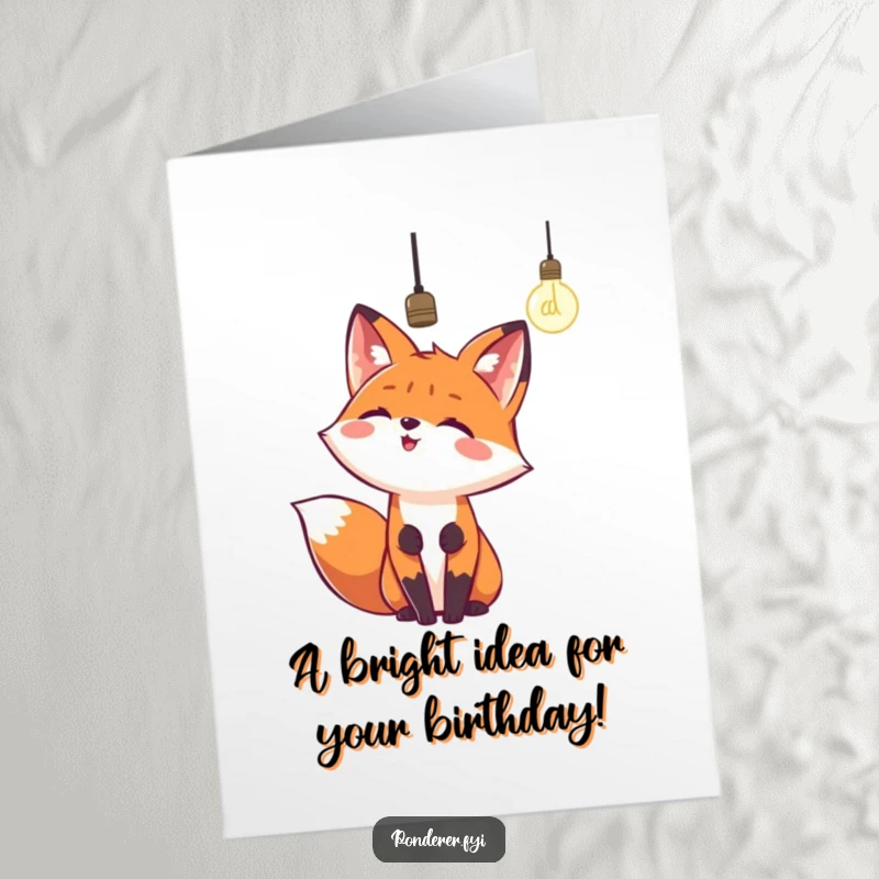 Funny Free Printable Birthday Card: A happy fox looks up excitedly at a dangling lightbulb, signifying a brilliant birthday idea.