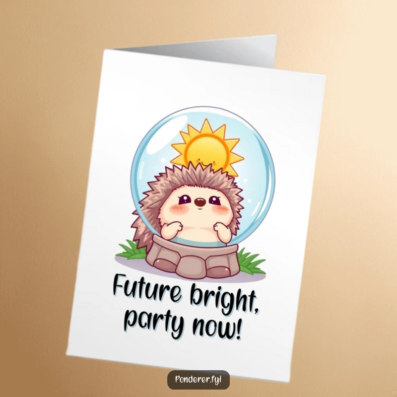 Funny free printable birthday card featuring a playful hedgehog gazing into a crystal ball showing a smiling sun, bringing sunny wishes.