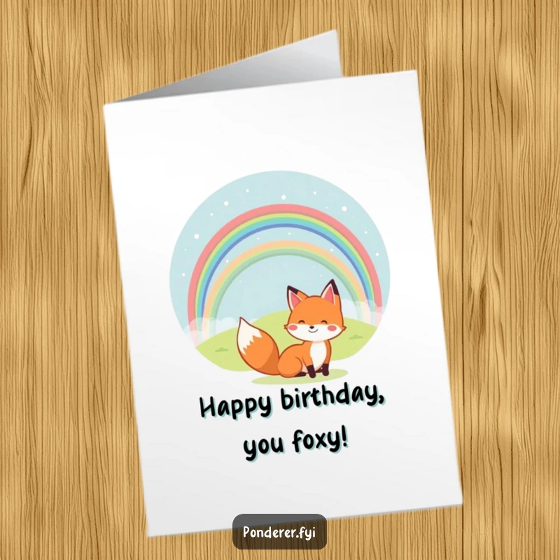 Funny Free Printable Birthday Card: Cheerful fox under a vibrant rainbow on a hill, celebrating, a unique downloadable gift.