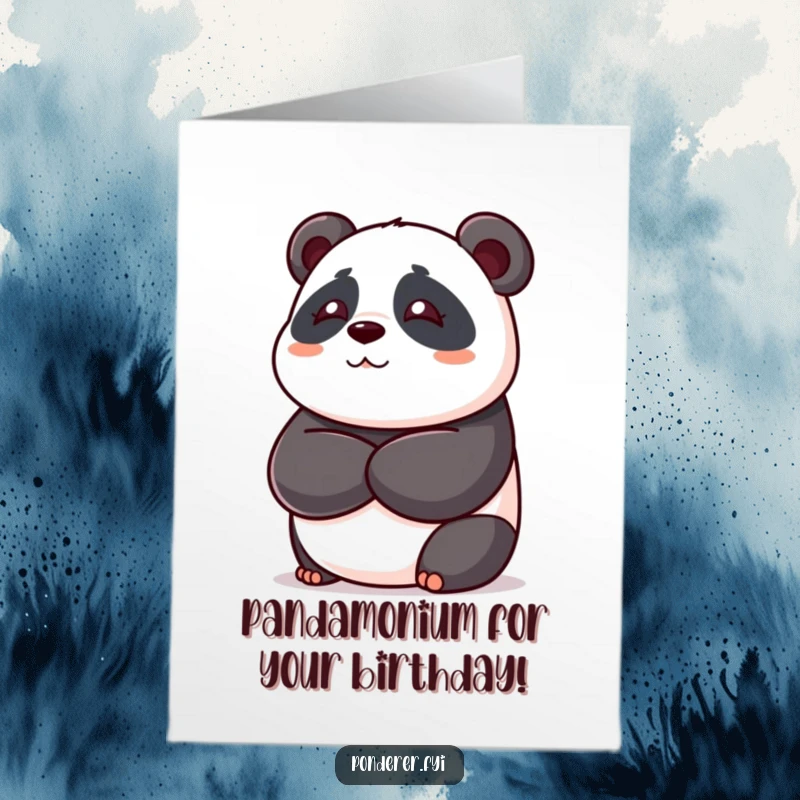 Funny free printable birthday card with a playful panda bear crossing arms, deep in thought, ready to offer a birthday wish.