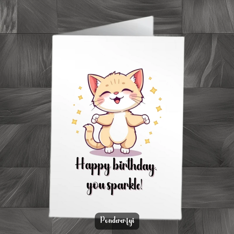 Funny Free Printable Birthday Card: Giggling kitten spinning, leaving a trail of sparkling ideas, creative birthday humor.