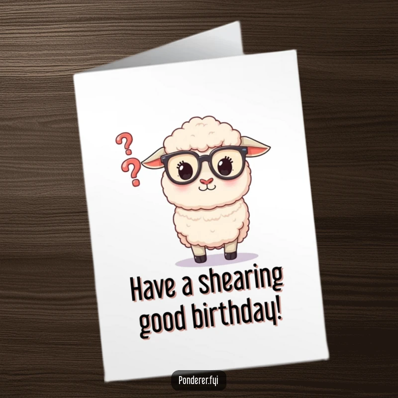 Funny Free Printable Birthday Card: Fluffy sheep wearing glasses peers intently at a small, floating question mark with curiosity.