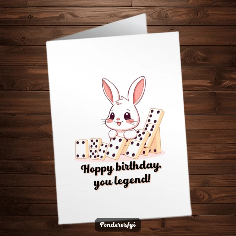 Funny free printable birthday card: a smiling rabbit watches a cascade of dominoes fall with delight, a humorous birthday wish.