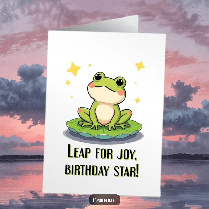Funny Free Printable Birthday Card: Content frog gazing at stars on a lily pad, dreaming big, perfect for a downloadable gift.