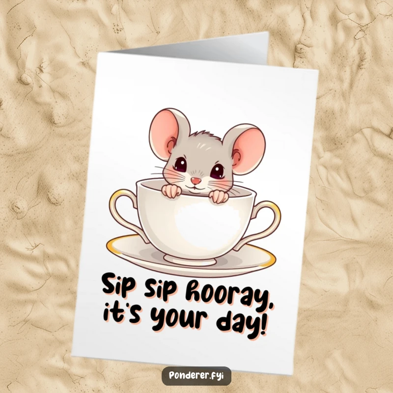 Funny Free Printable Birthday Card: Curious mouse peeking from a teacup, offering a tiny birthday wish, a cute downloadable gift.