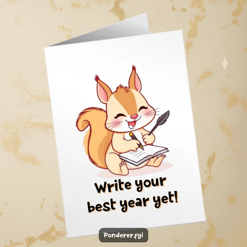 Funny free printable birthday card featuring a joyful squirrel scribbling furiously on a tiny notepad with a quill, capturing a humorous moment.